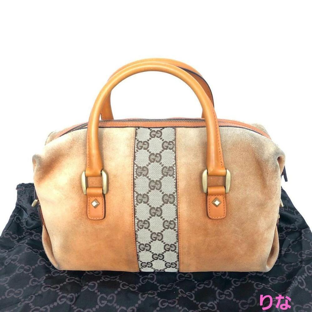 GUCCI GG Canvas Suede Handbag Tote Bag Starting Bid Brown
